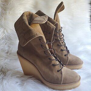 Carolina Herrera Brown Suede Platform Wedge Lace Up Boots SZ 8.5